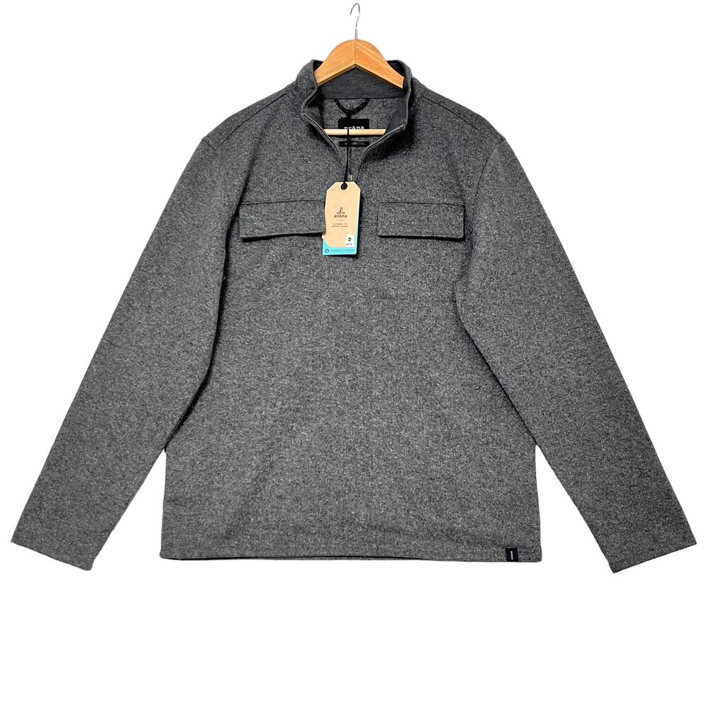 prAna Brookland 1/4 Zip Sweater Mens L Wool Blend Gravel Gray Pullover Collared